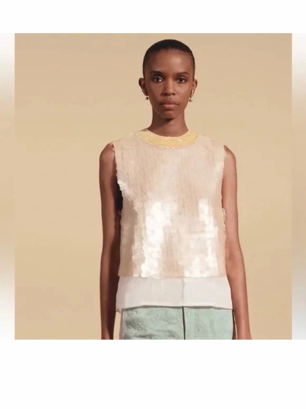 Zara Sleeveless Limited Edition Oyster-Cream  / gold Silk Sequin Top size XL - Picture 4 of 4